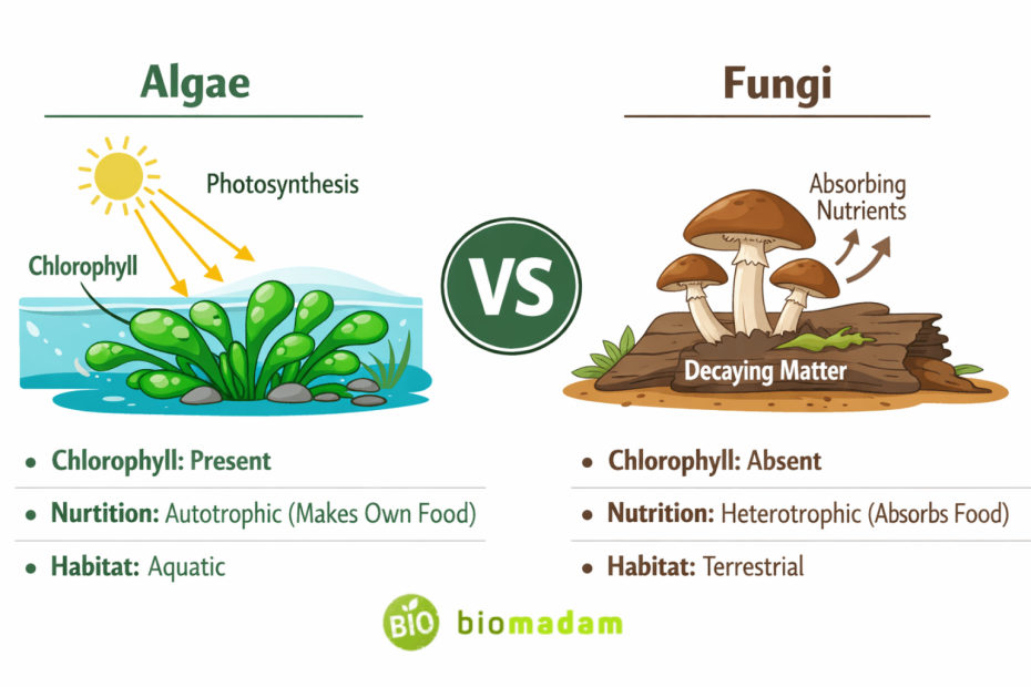 comparison diagram showing algae and fungi differences including structure chlorophyll and nutrition