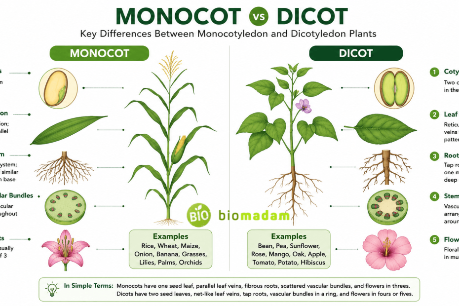 Difference between monocot and dicot plants showing seed leaves, leaf venation, roots, flowers, and stem structure
