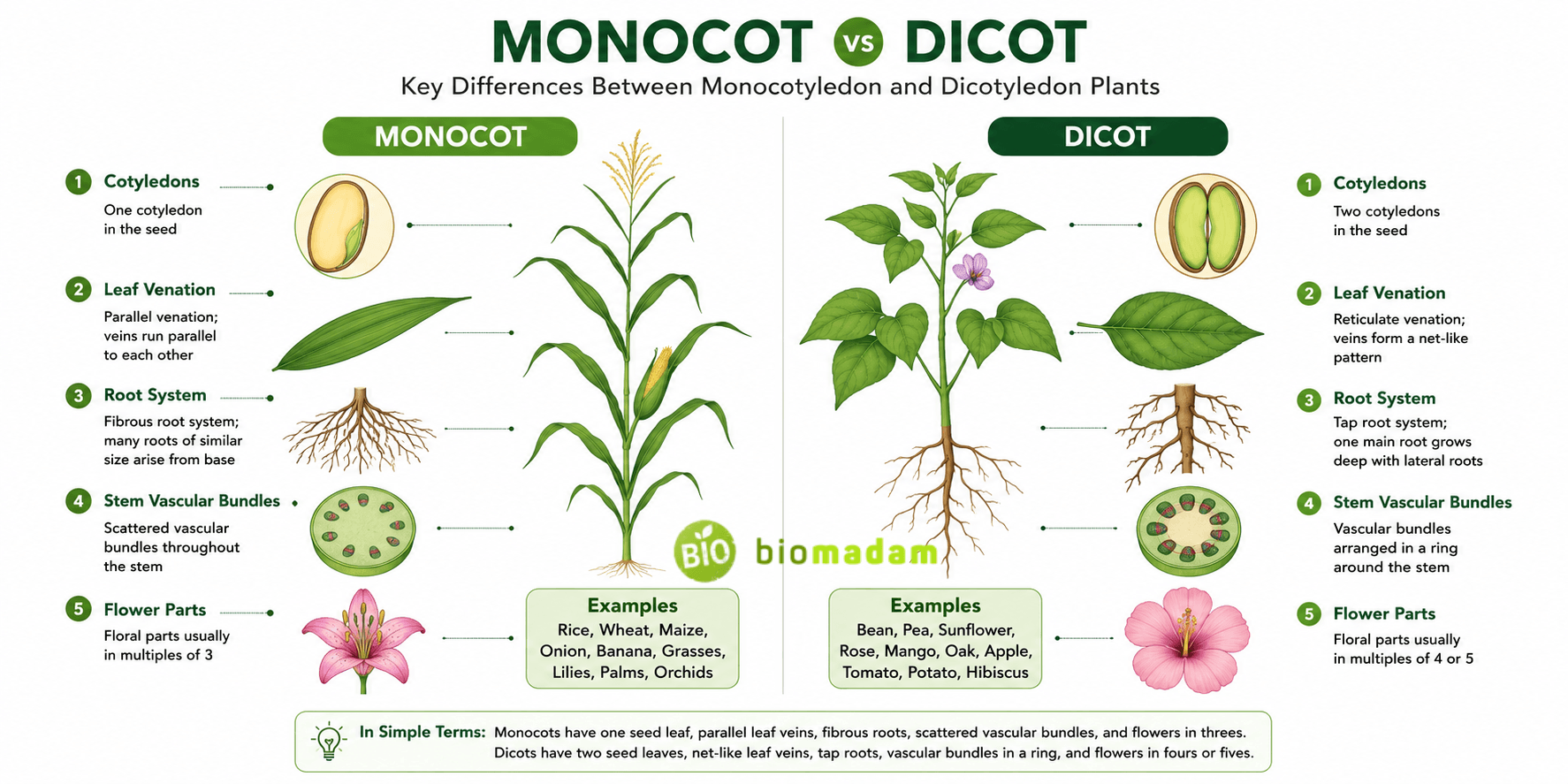 Difference between monocot and dicot plants showing seed leaves, leaf venation, roots, flowers, and stem structure