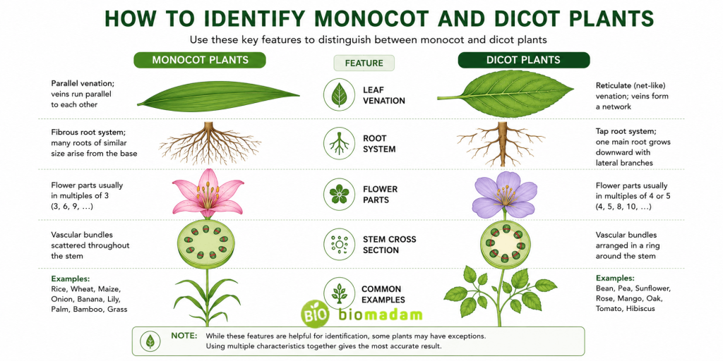 Visual guide for identifying monocot and dicot plants using leaves roots flowers and stems