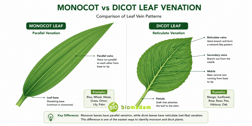 Comparison of parallel and reticulate leaf venation in monocot and dicot plants