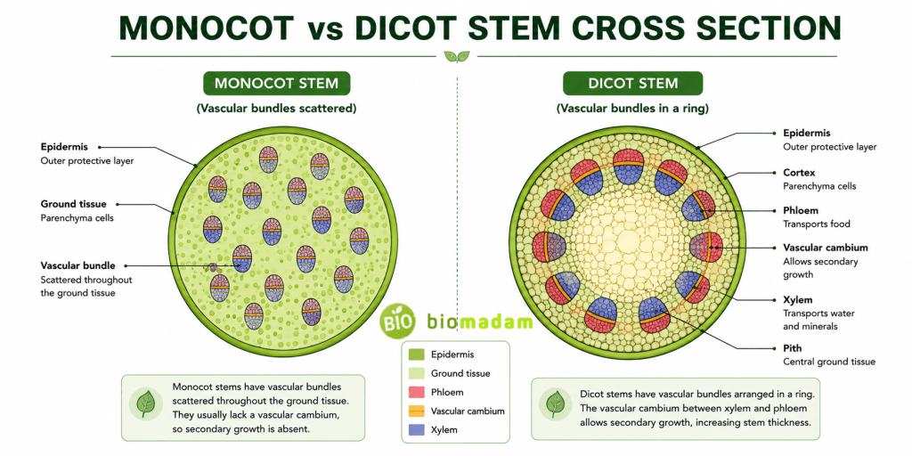 Stem cross-section showing scattered and ring-shaped vascular bundles in monocot and dicot plants