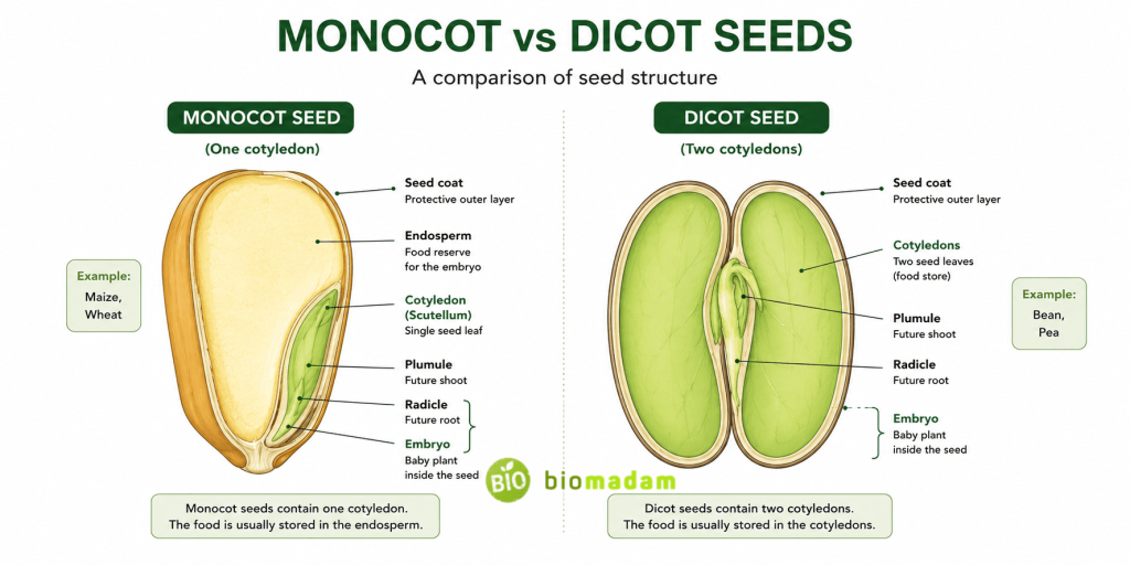 Monocot and dicot seed comparison showing one and two cotyledons