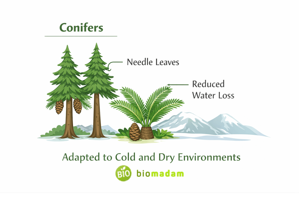 conifer trees with needle-shaped leaves adapted to cold and dry environments