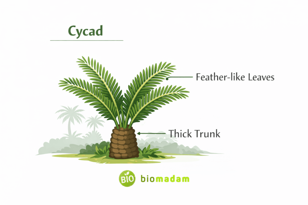 cycad plant with thick trunk and large feather-like leaves structure