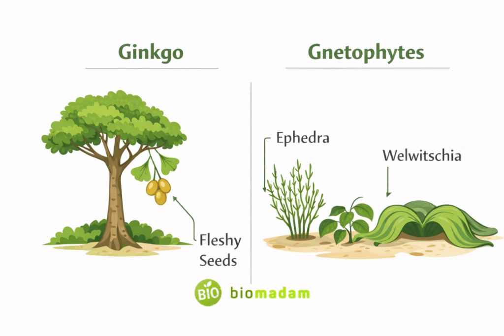 comparison of ginkgo fan-shaped leaves and gnetophyte plant structures