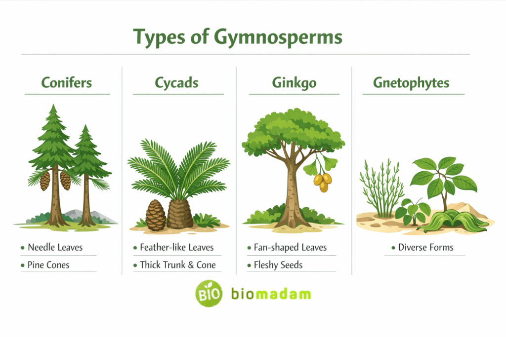 diagram showing four types of gymnosperms conifers cycads ginkgo and gnetophytes with distinct features