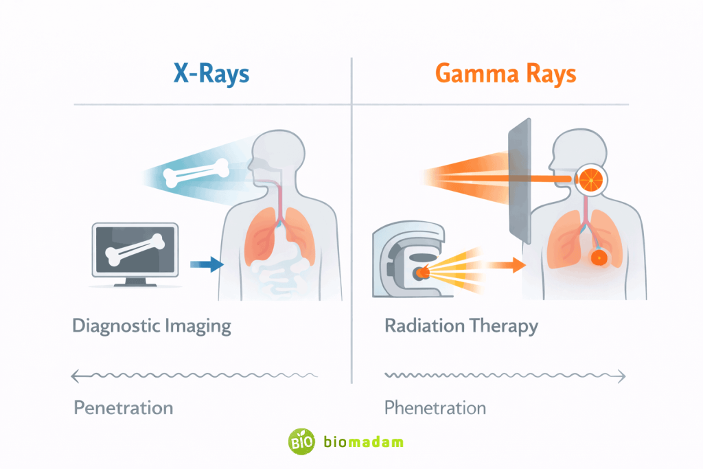Comparison of X-ray and gamma ray penetration showing diagnostic imaging and radiation therapy uses