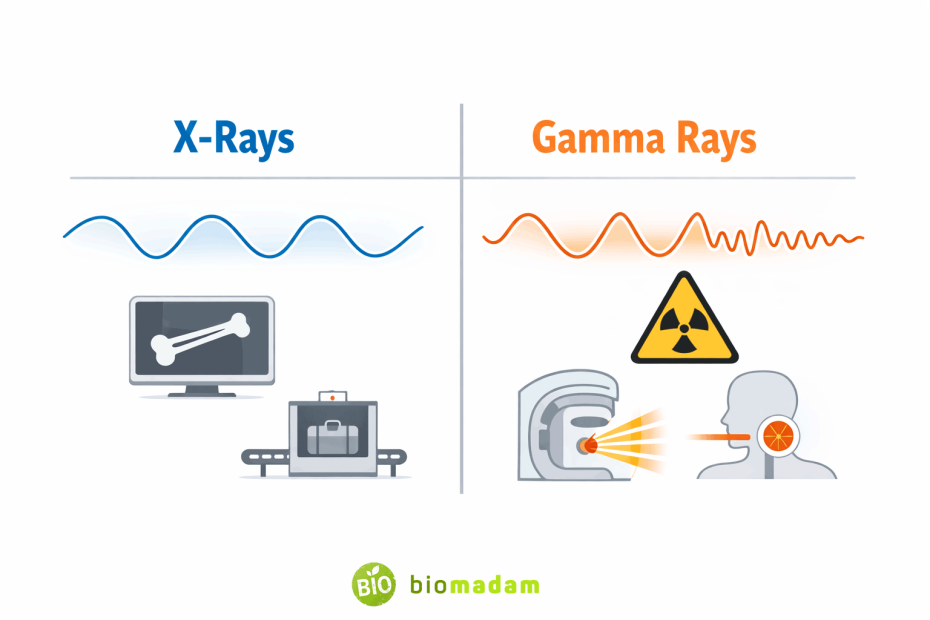 Difference between X-rays and gamma rays showing electromagnetic radiation waves and medical uses