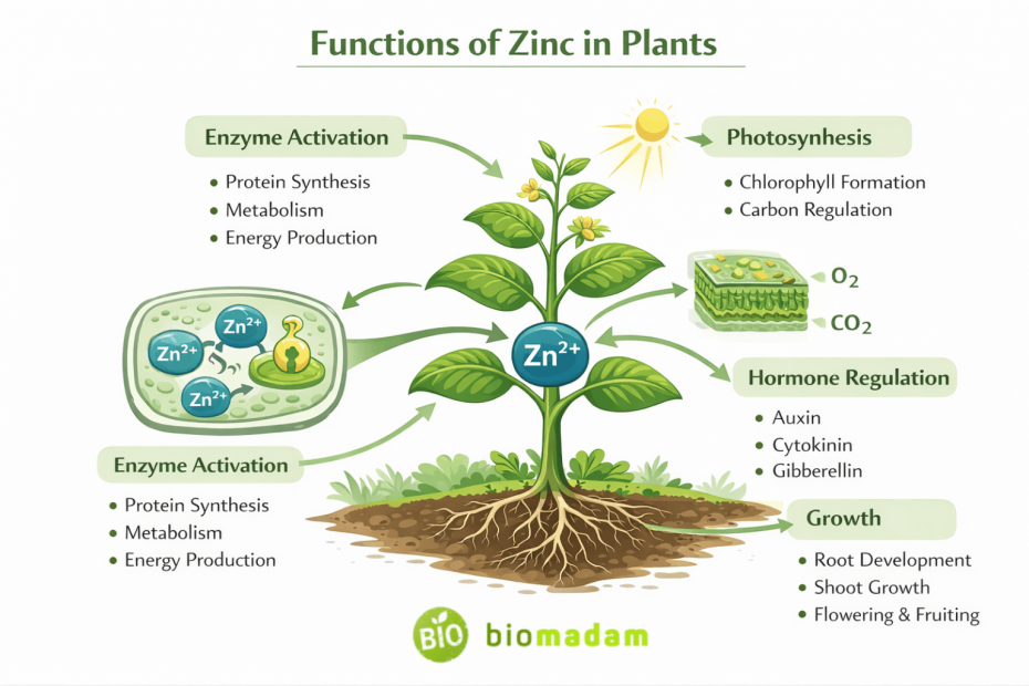 diagram showing role of zinc in plants including growth enzyme activity and photosynthesis
