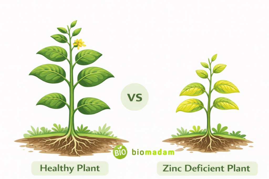 comparison of healthy plant and zinc deficient plant showing yellow leaves and stunted growth