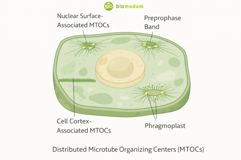 Educational diagram of a plant cell showing distributed microtubule organizing centers, preprophase band, and phragmoplast
