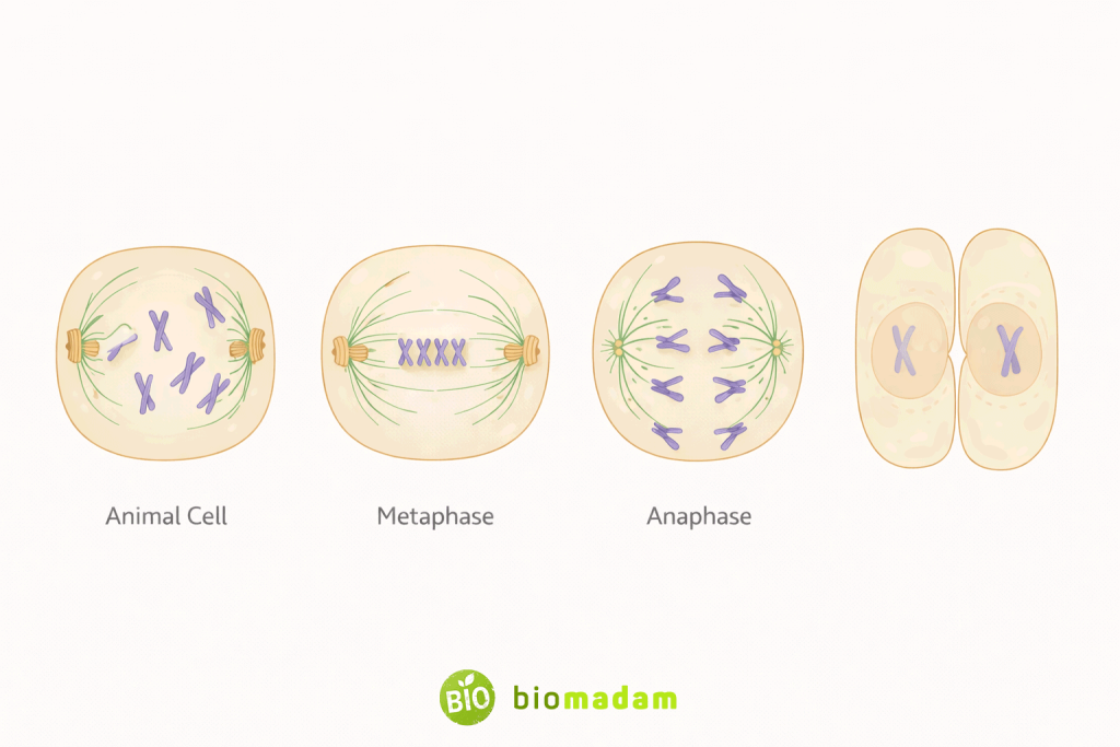 Simplified illustration of mitosis stages showing spindle formation and chromosome separation
