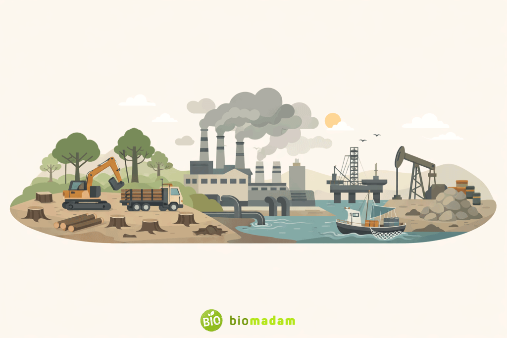 Human-centered activities such as deforestation, industrial pollution, and resource extraction impacting the environment