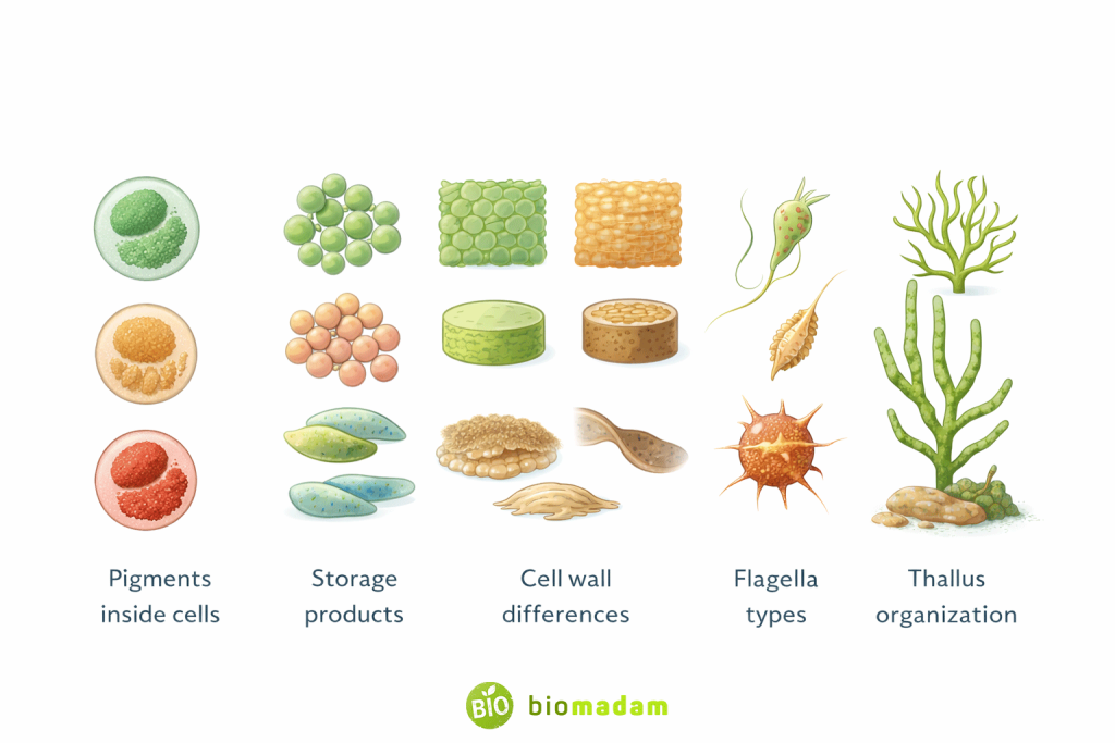Basis of algal classification showing pigments, storage products, cell wall differences, flagella types, and thallus organization
