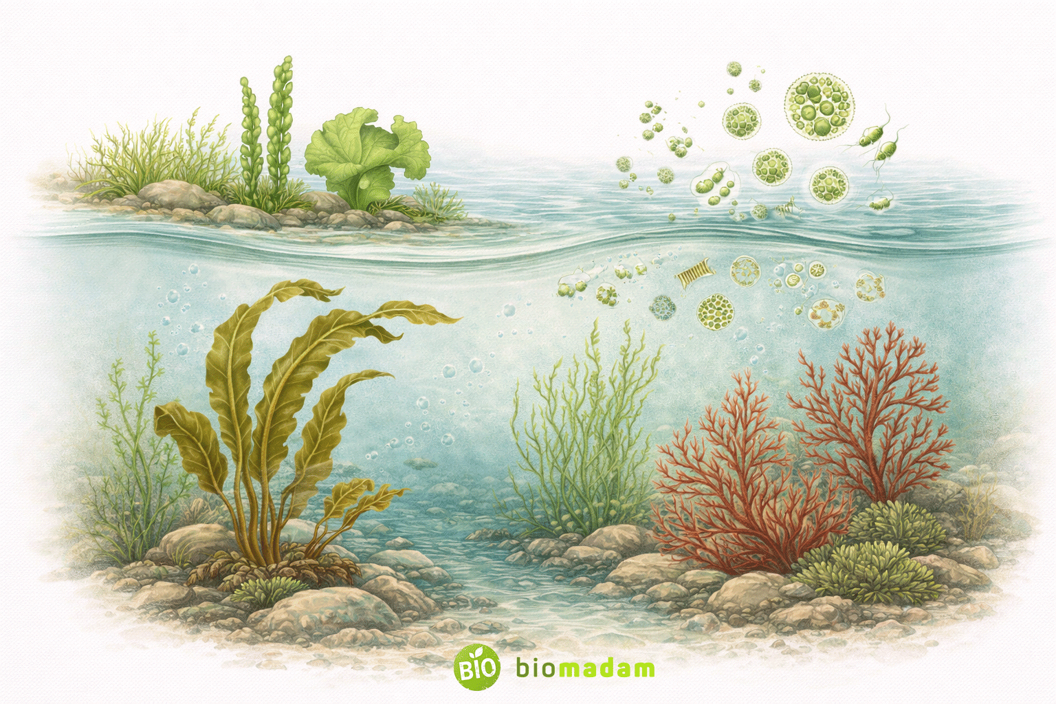 Illustration showing algae as aquatic photosynthetic organisms in freshwater and marine environments