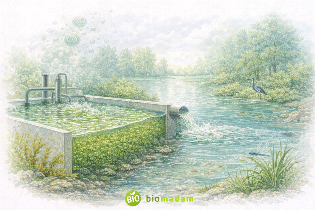 Illustration showing environmental applications of algae, including wastewater treatment, carbon dioxide absorption, and clean water regeneration