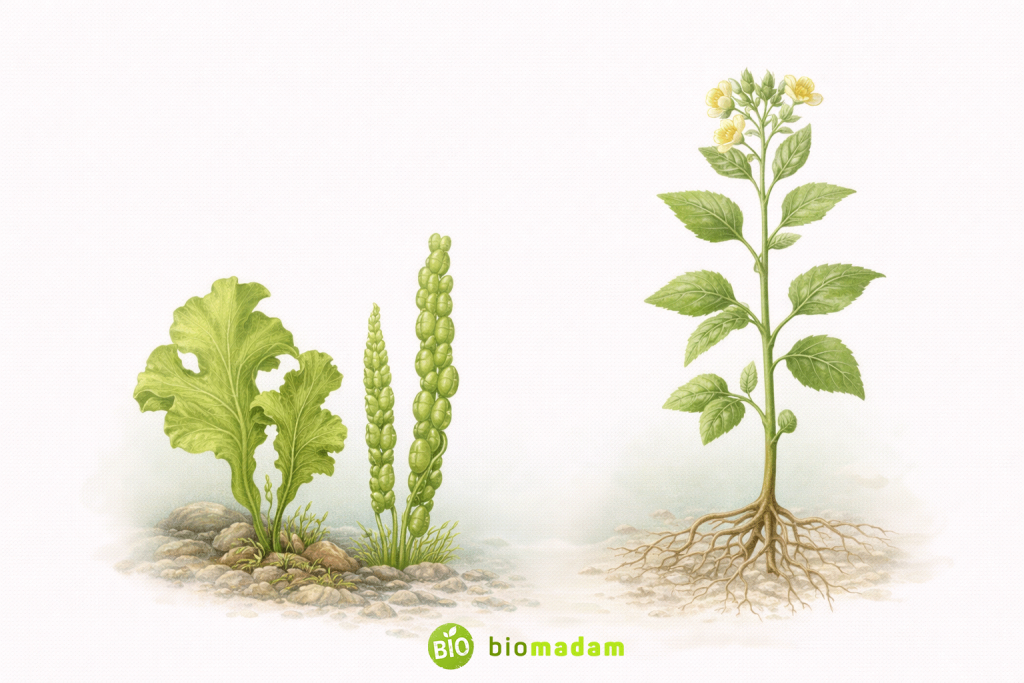Comparison of algae thallus body structure without roots, stems, or leaves versus true plants