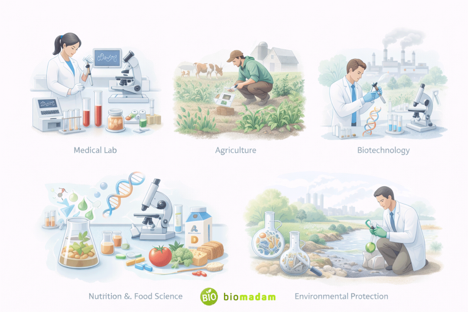 Illustration showing real-world applications of biochemistry in medicine, agriculture, biotechnology, nutrition, and environmental science