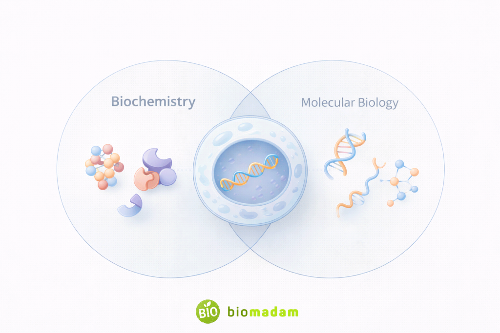 Relationship between biochemistry and molecular biology showing overlap of DNA, RNA, proteins, and enzymes