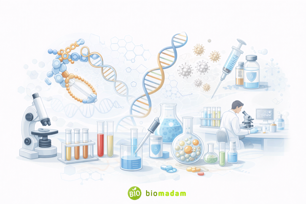 Biochemistry in biotechnology and research including DNA analysis, enzymes, genetic engineering, and vaccine development