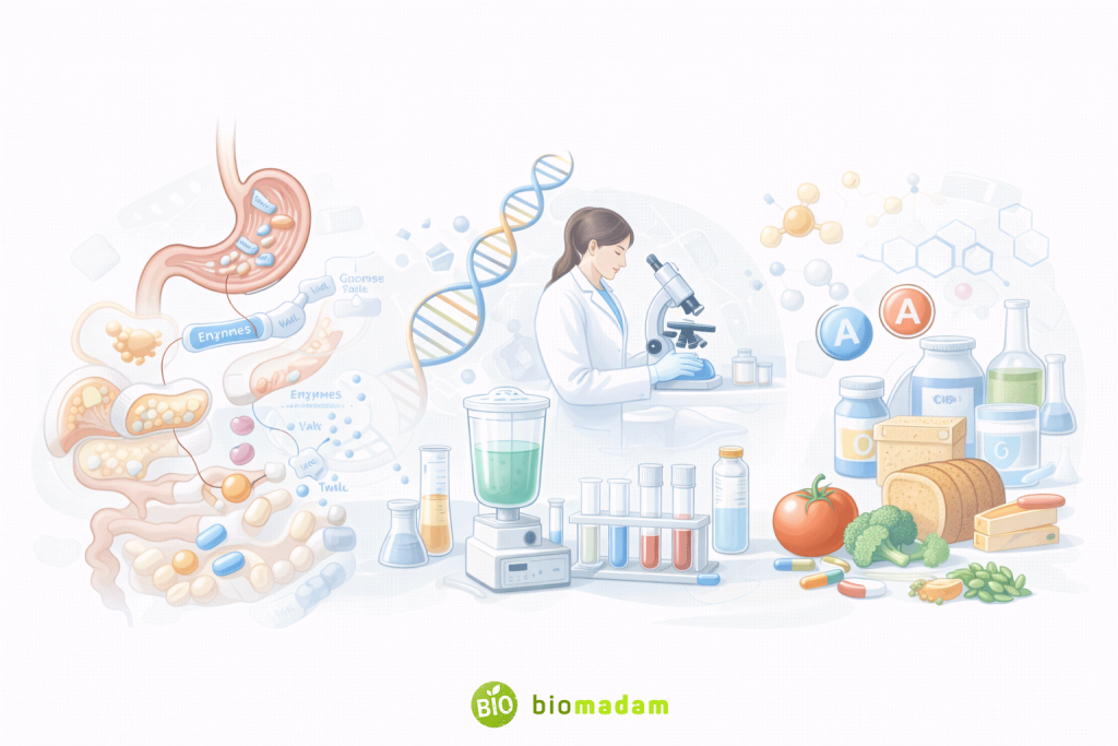Biochemistry applications in nutrition and food science including digestion, enzymes, food safety testing, and metabolism