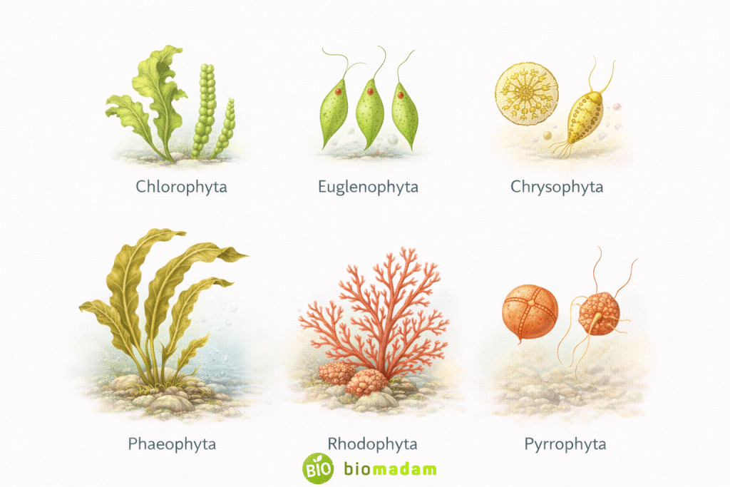 Educational illustration showing classical classification of algae including green, brown, red algae, diatoms, euglenoids, and dinoflagellates