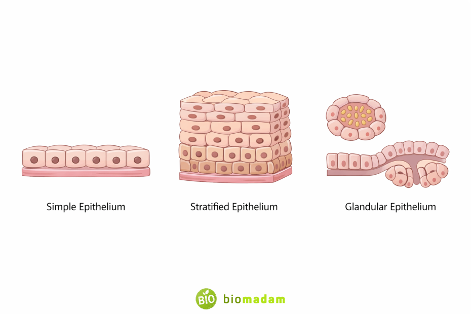 Classification of epithelial tissue showing simple, stratified, and glandular epithelium