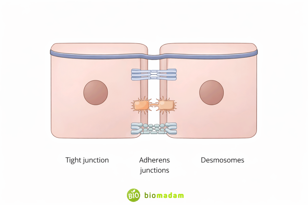 Diagram of epithelial cell junctions including tight junctions, adherens junctions, desmosomes, and gap junctions