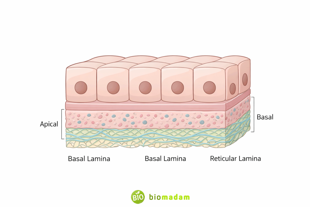 Epithelial tissue showing apical, lateral, and basal surfaces with basement membrane