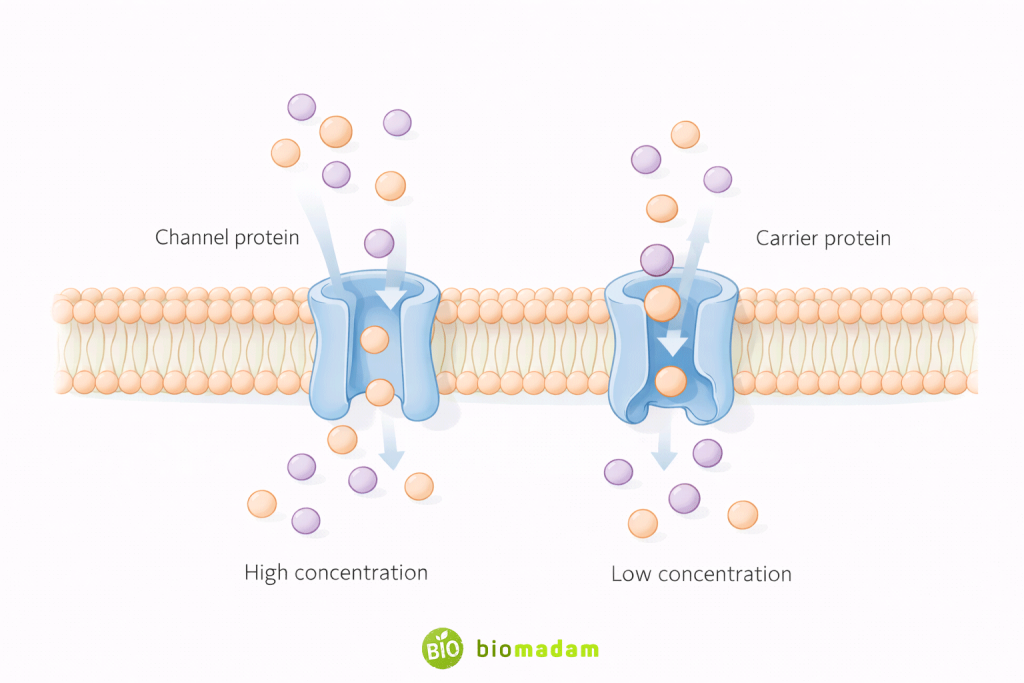 Mechanism of facilitated diffusion using channel proteins and carrier proteins to transport molecules along the concentration gradient