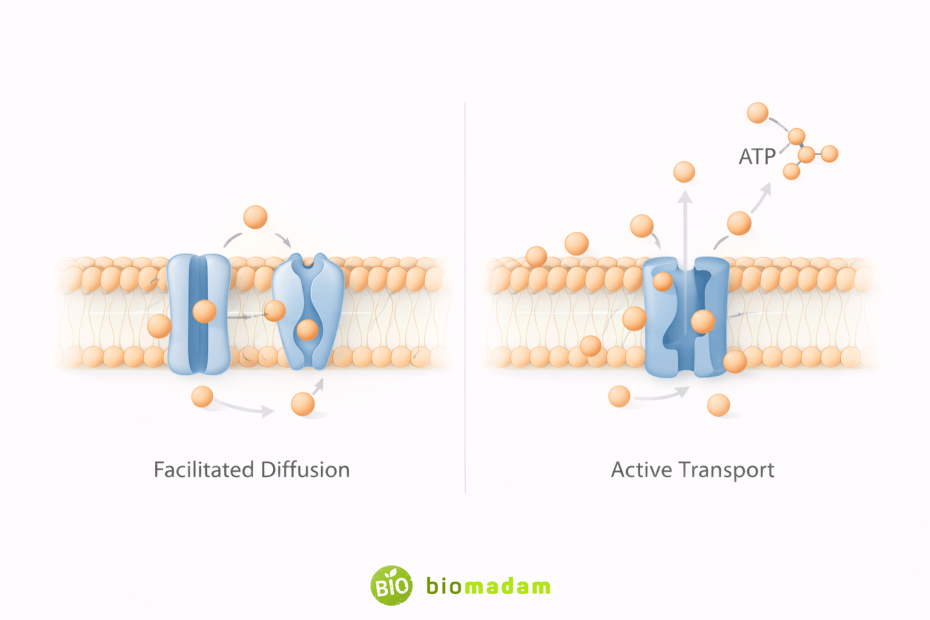 Comparison of facilitated diffusion and active transport across a cell membrane showing movement with and without ATP