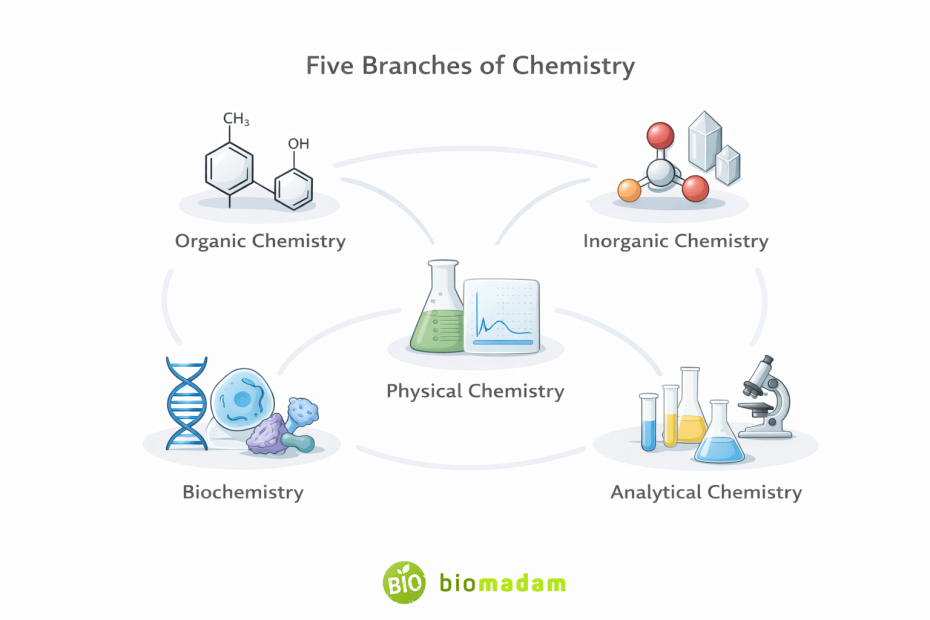 Five branches of chemistry showing organic, inorganic, physical, analytical, and biochemistry