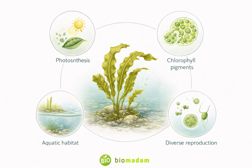 Diagram showing general characteristics of algae including photosynthesis, chlorophyll, aquatic habitat, and simple thallus body