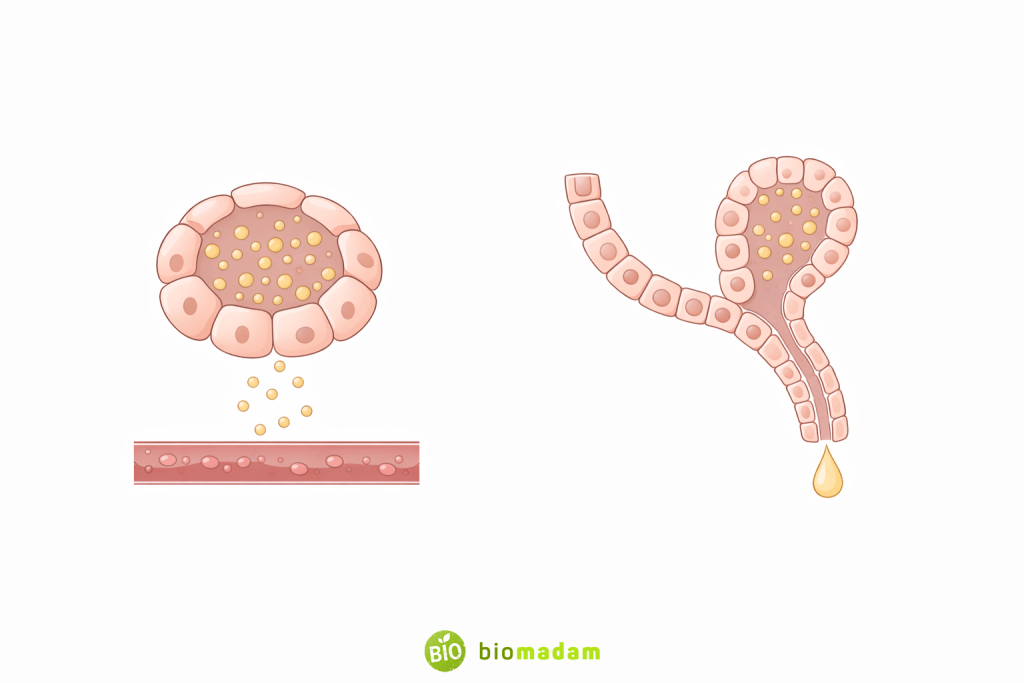 Glandular epithelium showing endocrine and exocrine glands with secretion