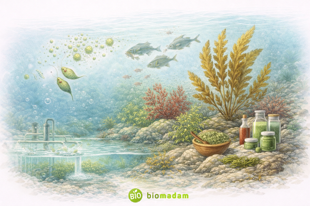 Educational illustration showing the importance and applications of algae in nature and human life, including oxygen production, aquatic food chains, food, industry, and environmental balance