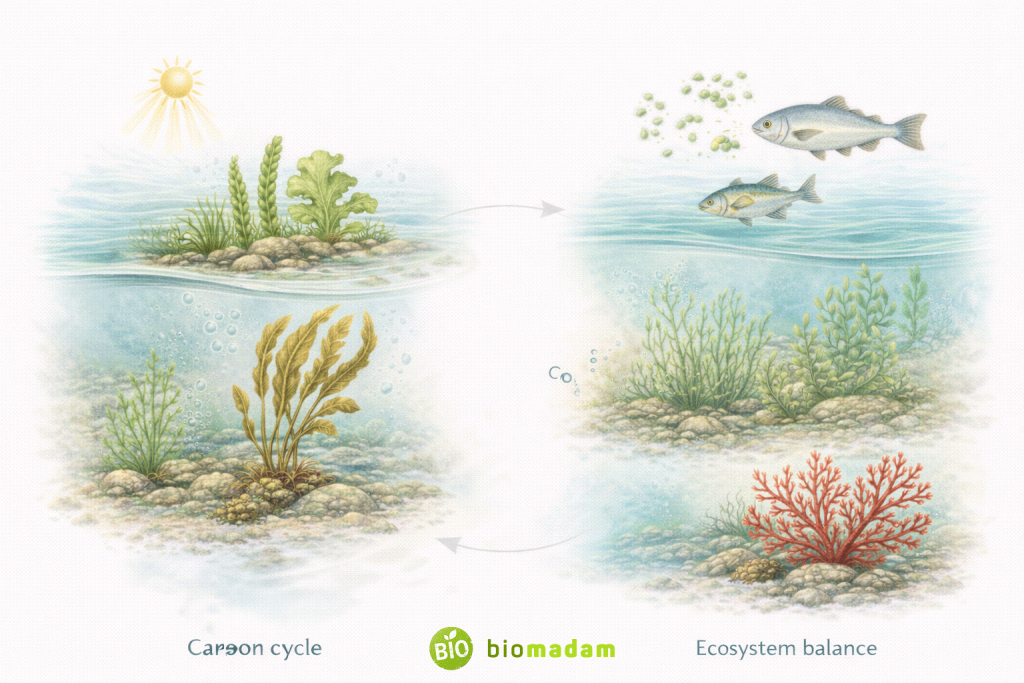 Illustration showing importance of algae in oxygen production, aquatic food chains, carbon cycle, and ecosystem balance