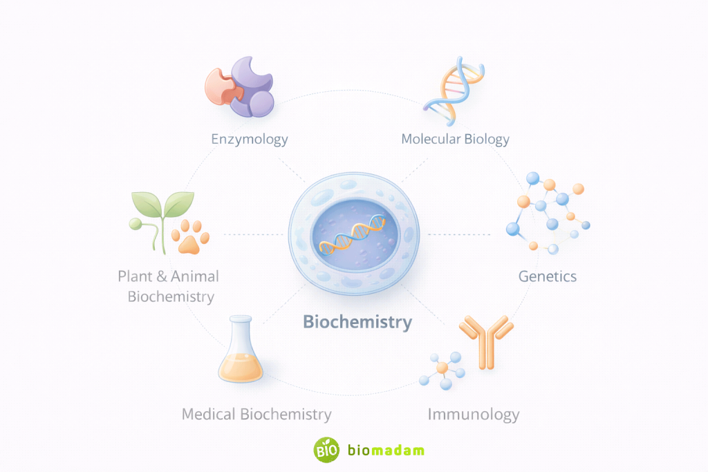 Major branches of biochemistry such as enzymology, molecular biology, genetics, and metabolism