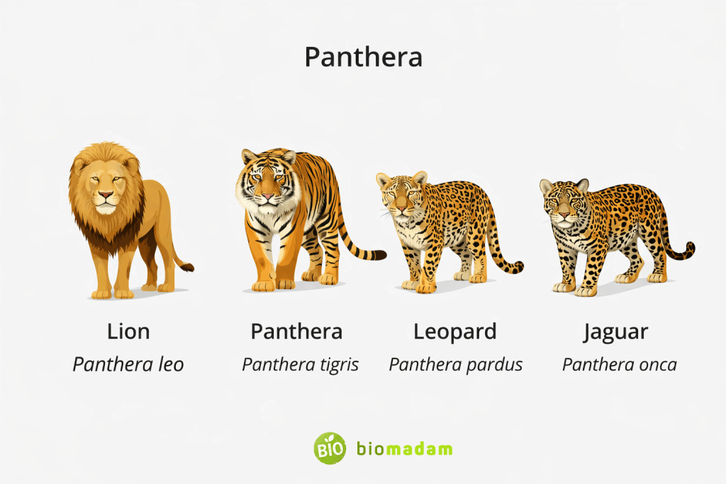Different species belonging to the same genus Panthera, including lion, tiger, and leopard