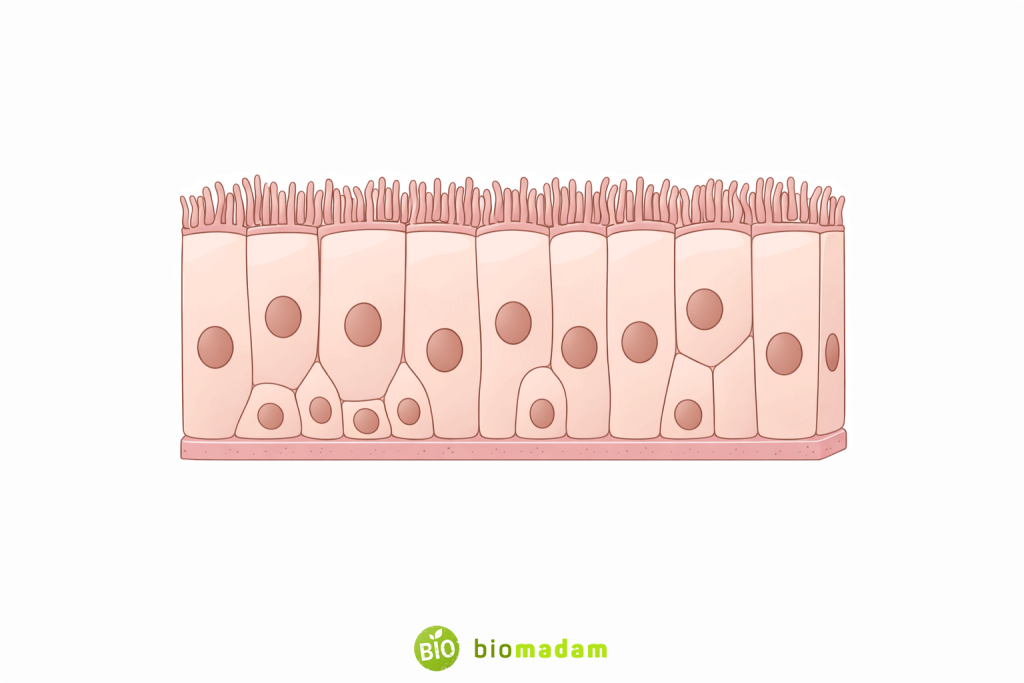 Pseudostratified columnar epithelium showing nuclei at different levels and cilia