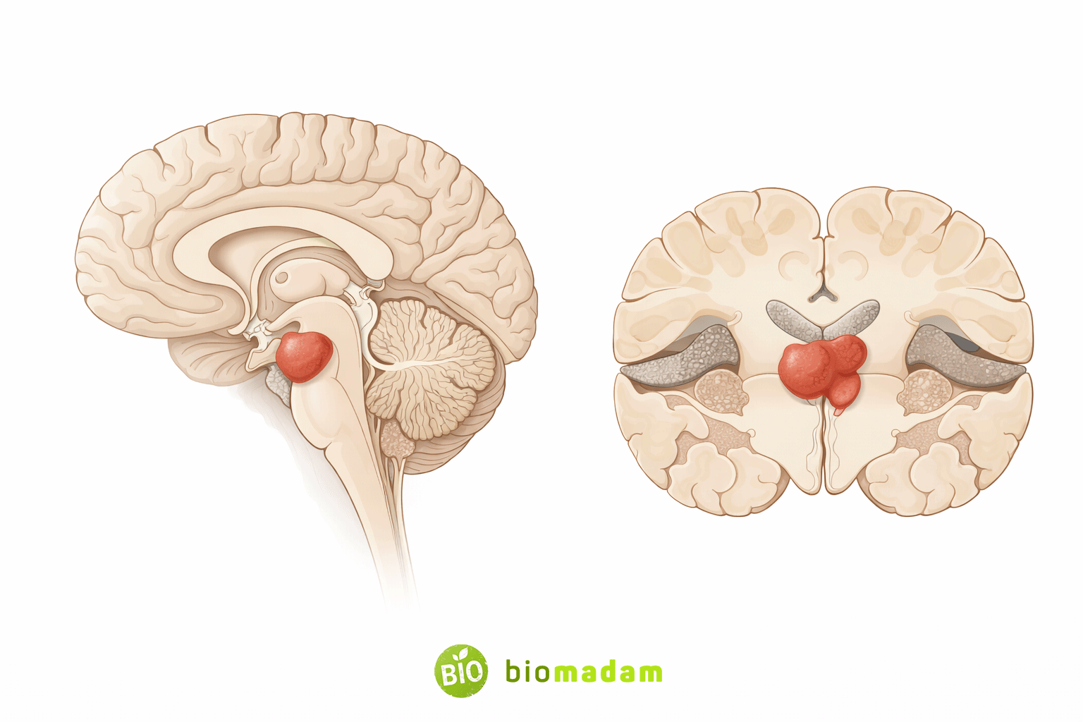 Location of the red nucleus in the midbrain shown in a cross-sectional anatomical diagram