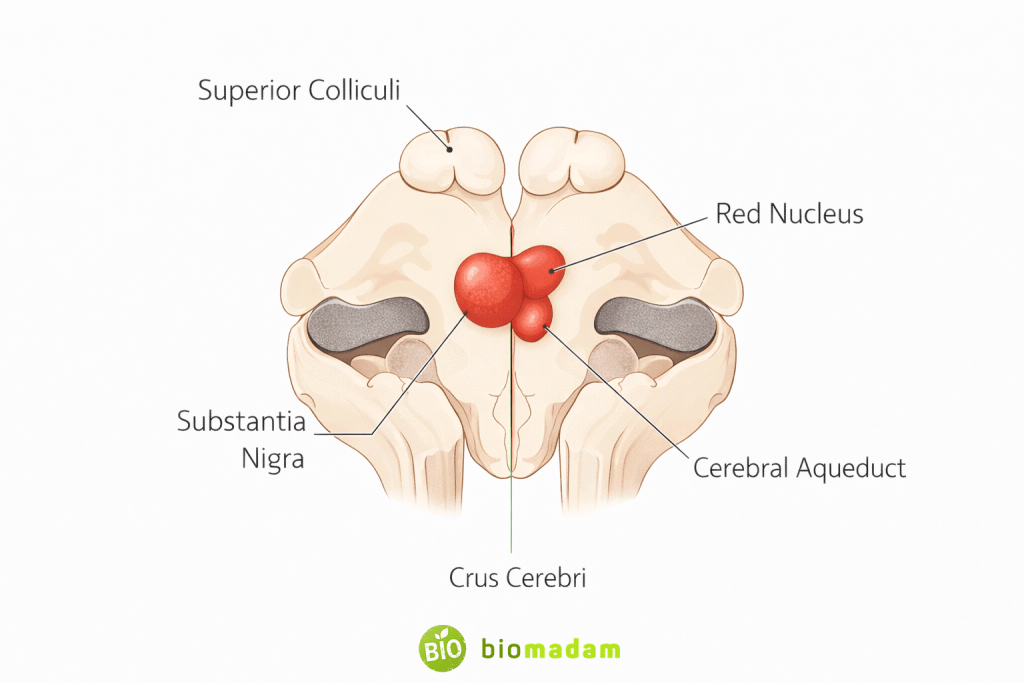 Anatomical position of the red nucleus relative to substantia nigra, cerebral aqueduct, crus cerebri, and superior colliculi