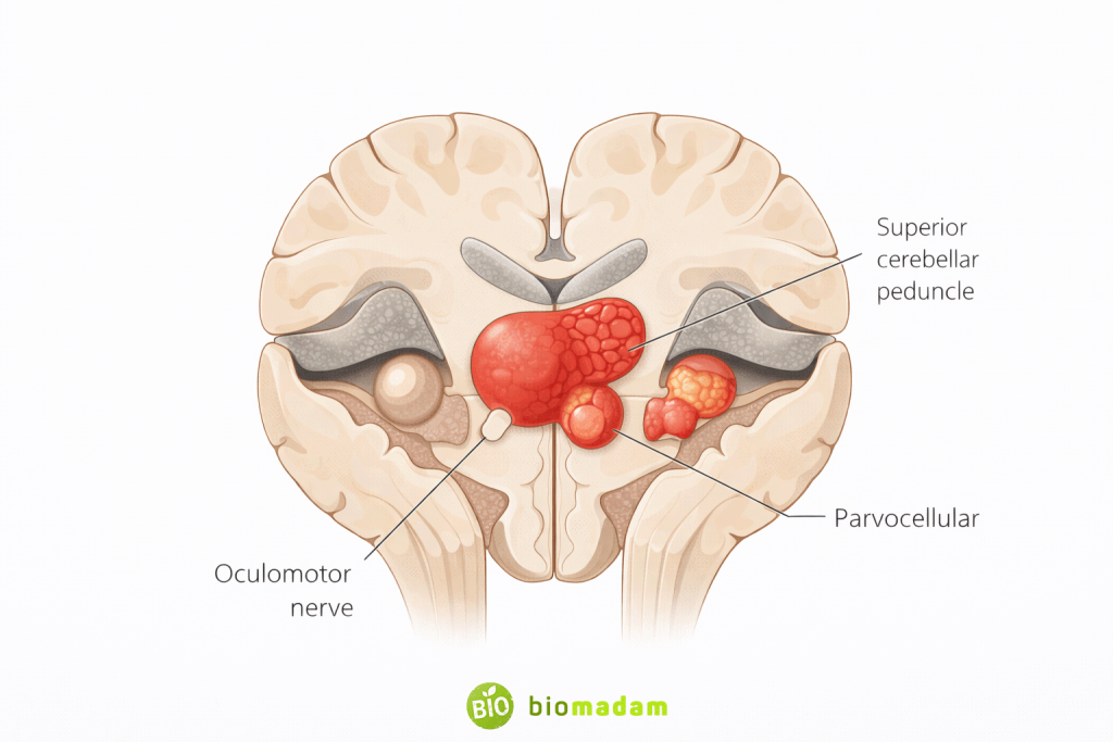 Internal structure of the red nucleus showing magnocellular and parvocellular regions in the midbrain