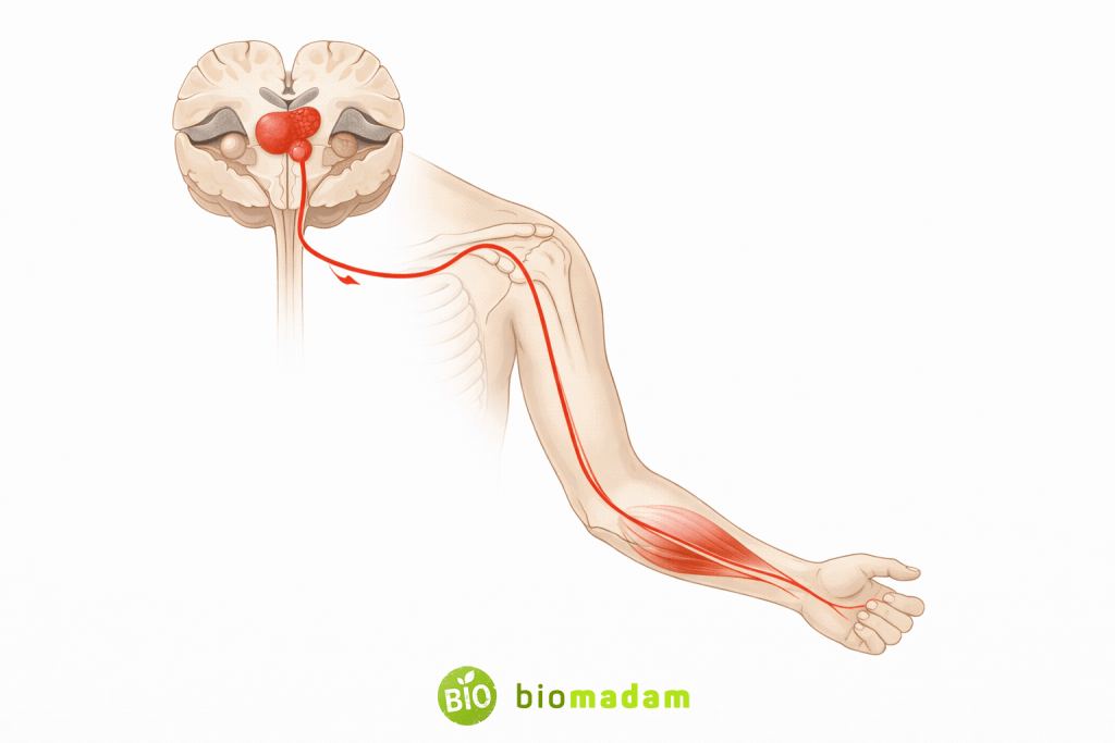 Rubrospinal tract pathway originating from the red nucleus and descending to the cervical spinal cord