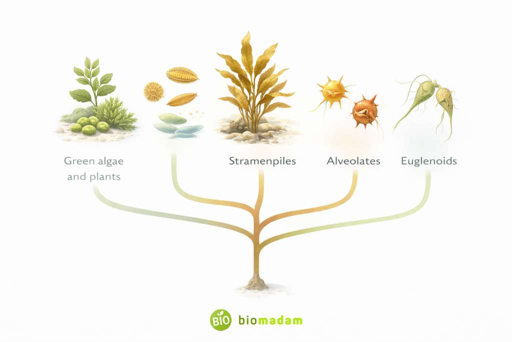 Molecular classification of algae showing evolutionary lineages of green algae, stramenopiles, alveolates, and euglenoids