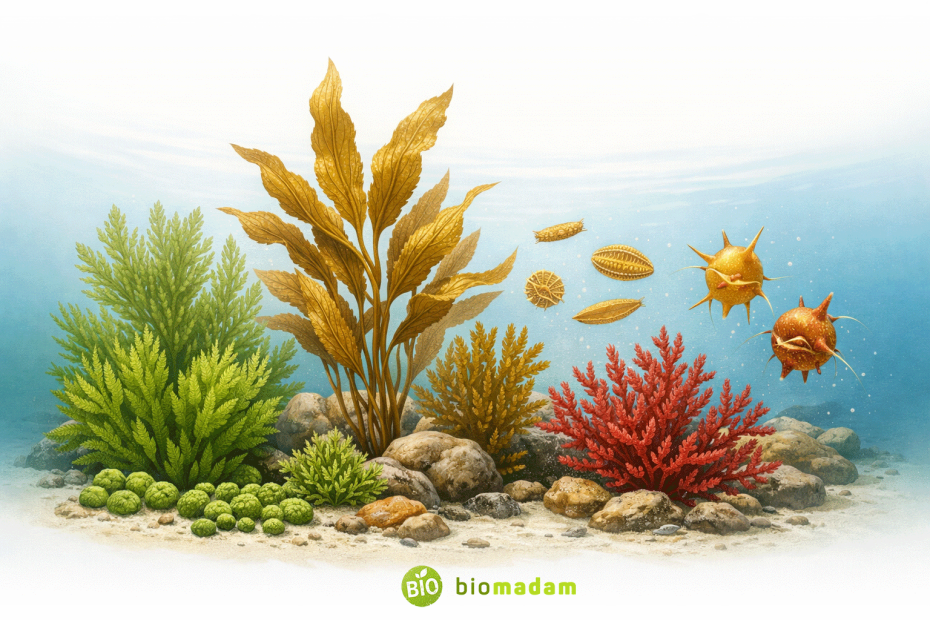 Classification of algae showing green algae, brown algae, red algae, diatoms, and dinoflagellates in a single aquatic environment