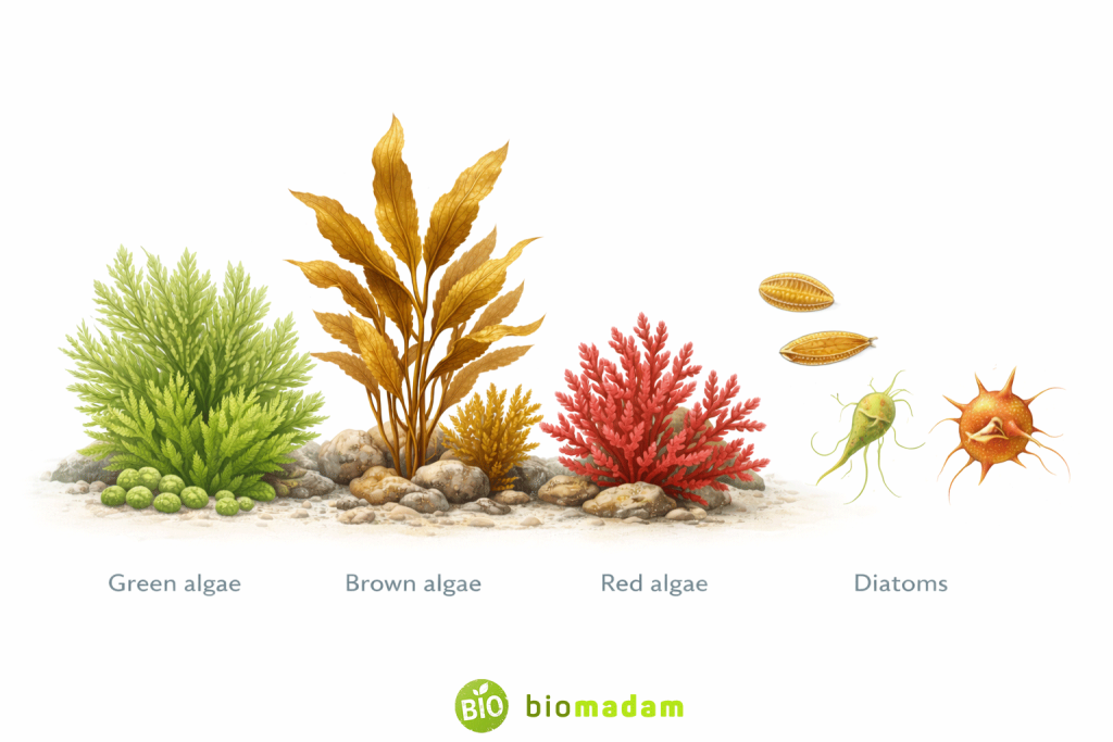 Comparison of major algal groups showing differences in form, size, and structure among green algae, brown algae, red algae, diatoms, and dinoflagellates