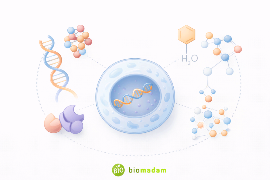 Biochemistry as a bridge between biology and chemistry showing DNA, proteins, enzymes, and chemical structures