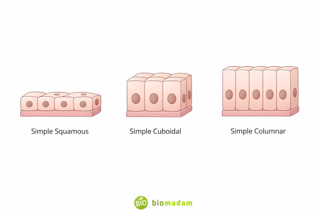 Comparison of simple squamous, simple cuboidal, and simple columnar epithelium