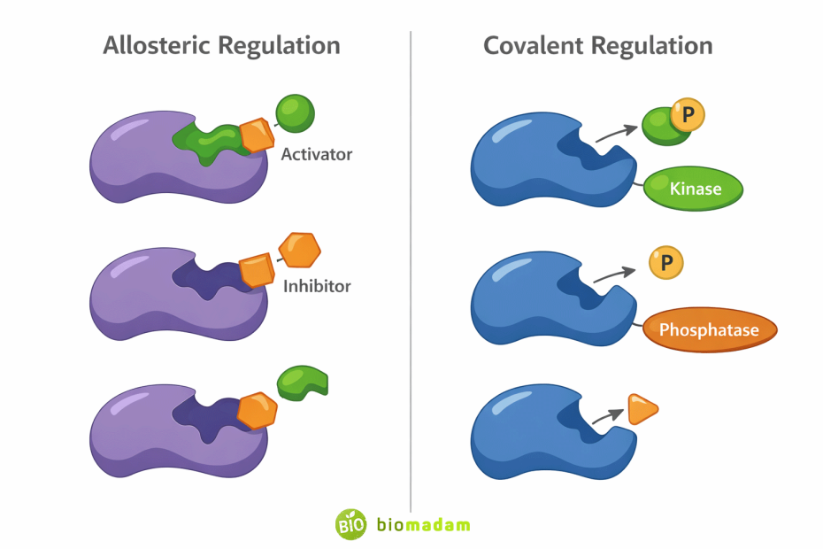 Educational infographic showing overview of enzyme regulation through allosteric and covalent mechanisms